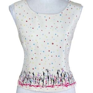 Tori Richard Ivory Sleeveless Silk Top 10 Print Resort Beach Vacation Lined